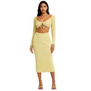 Sabo Yellow Waffle Knit Long Sleeve Crop Top Pencil Midi Skirt 2 Pc Set Size 6